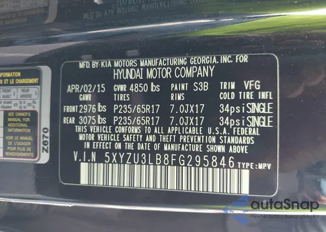 2015 Hyundai Santa Fe Sport 2.4L from USA, damaged, VIN 5XYZU3LB8FG295846